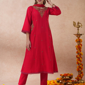 Ethnic Floral Embroidered A-Line Kurta with Pant and Dupatta - Pink