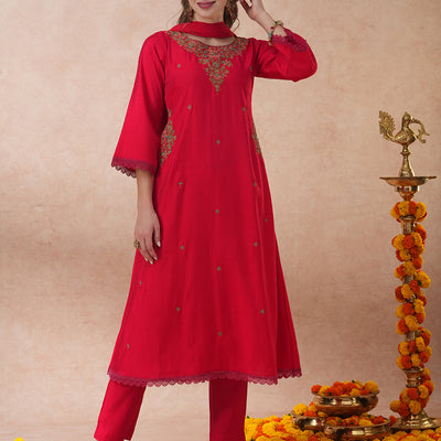 Ethnic Floral Embroidered A-Line Kurta with Pant and Dupatta - Pink