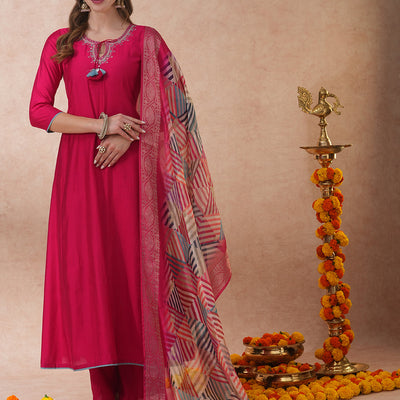 Ethnic Floral Embroidered A-Line Kurta with Palazzo and Dupatta - Pink