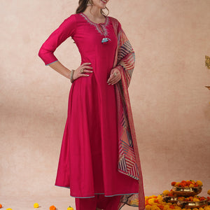 Ethnic Floral Embroidered A-Line Kurta with Palazzo and Dupatta - Pink
