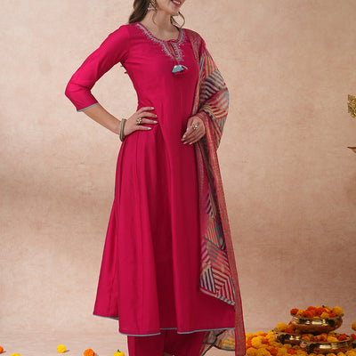 Ethnic Floral Embroidered A-Line Kurta with Palazzo and Dupatta - Pink