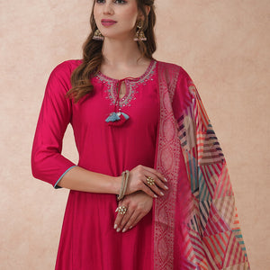 Ethnic Floral Embroidered A-Line Kurta with Palazzo and Dupatta - Pink