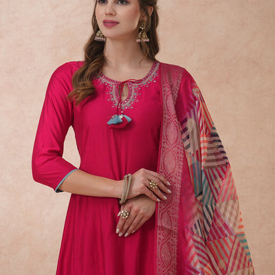 Ethnic Floral Embroidered A-Line Kurta with Palazzo and Dupatta - Pink