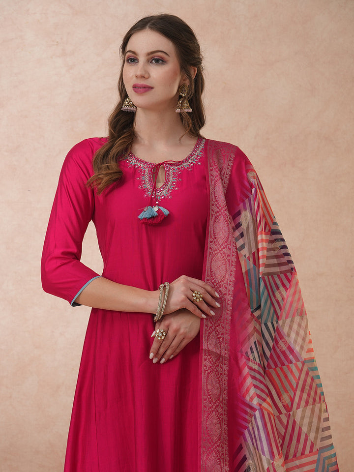 Ethnic Floral Embroidered A-Line Kurta with Palazzo and Dupatta - Pink