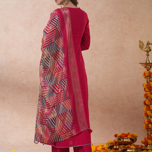 Ethnic Floral Embroidered A-Line Kurta with Palazzo and Dupatta - Pink