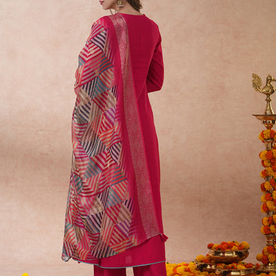 Ethnic Floral Embroidered A-Line Kurta with Palazzo and Dupatta - Pink