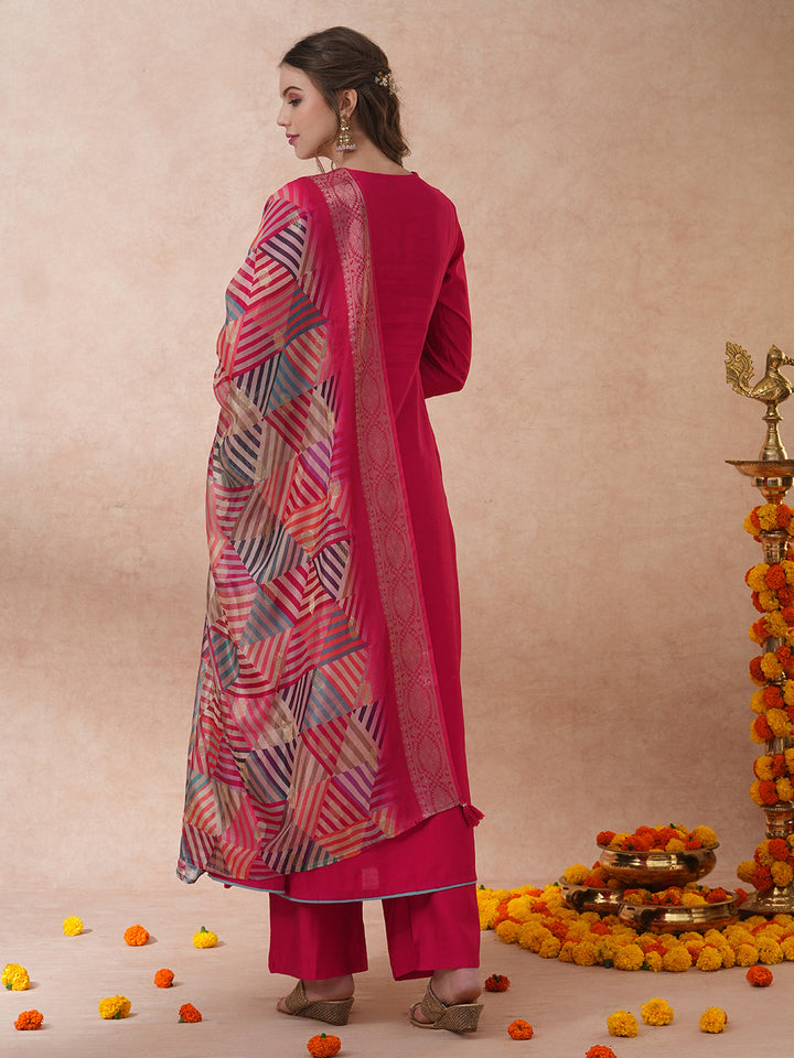 Ethnic Floral Embroidered A-Line Kurta with Palazzo and Dupatta - Pink