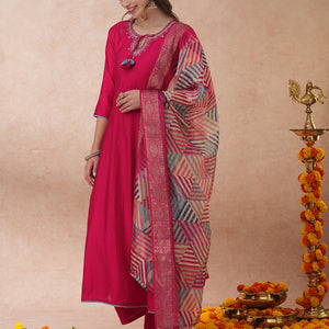 Ethnic Floral Embroidered A-Line Kurta with Palazzo and Dupatta - Pink