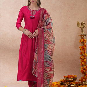 Ethnic Floral Embroidered A-Line Kurta with Palazzo and Dupatta - Pink