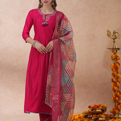 Ethnic Floral Embroidered A-Line Kurta with Palazzo and Dupatta - Pink