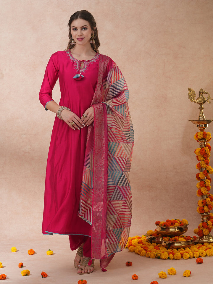 Ethnic Floral Embroidered A-Line Kurta with Palazzo and Dupatta - Pink