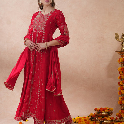 Solid Ethnic Embroidered Anarkali Flared Kurta with Pant & Dupatta - Red