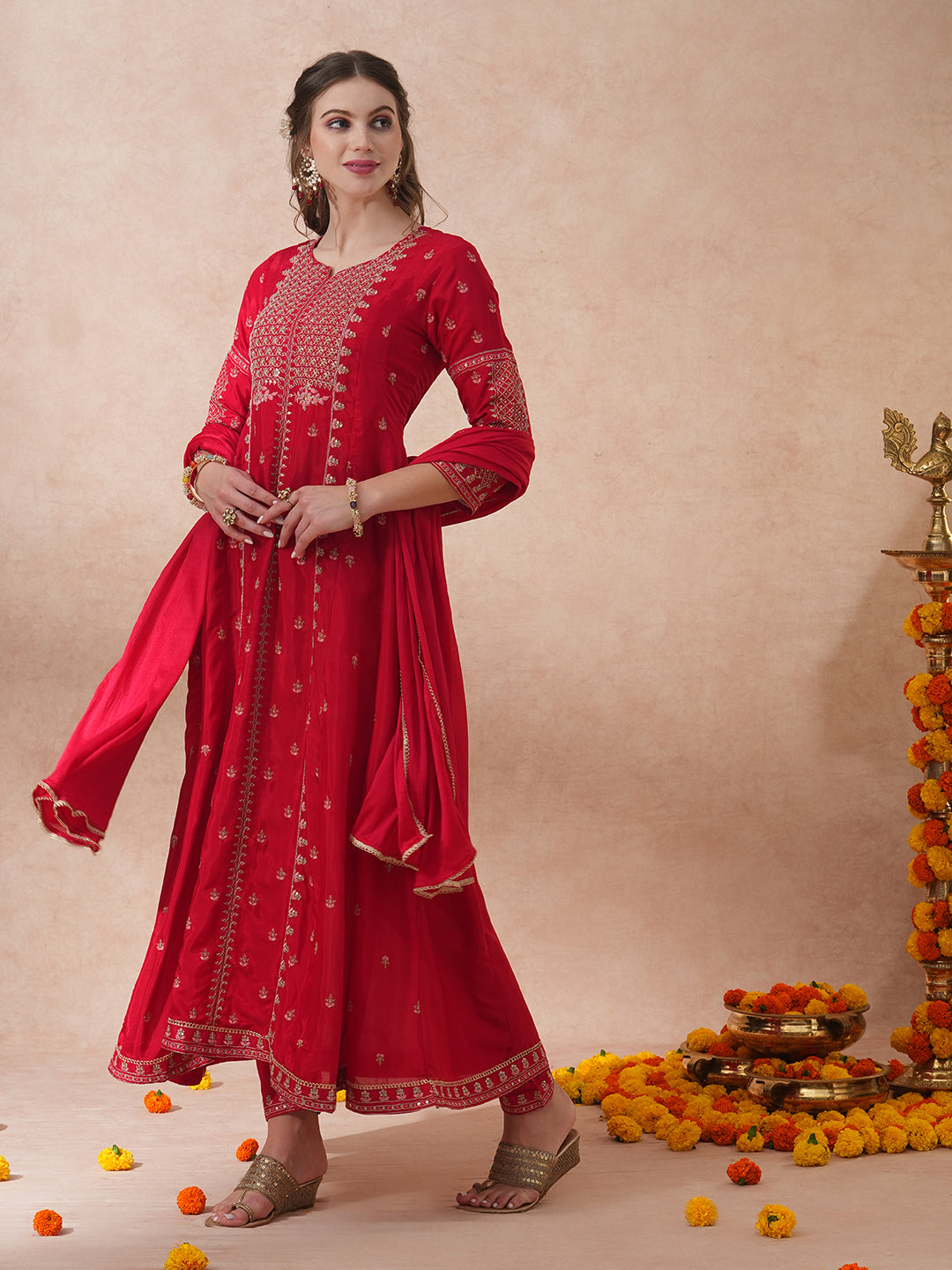 Solid Ethnic Embroidered Anarkali Flared Kurta with Pant & Dupatta - Red