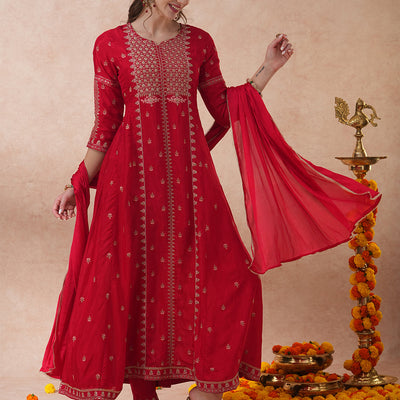 Solid Ethnic Embroidered Anarkali Flared Kurta with Pant & Dupatta - Red