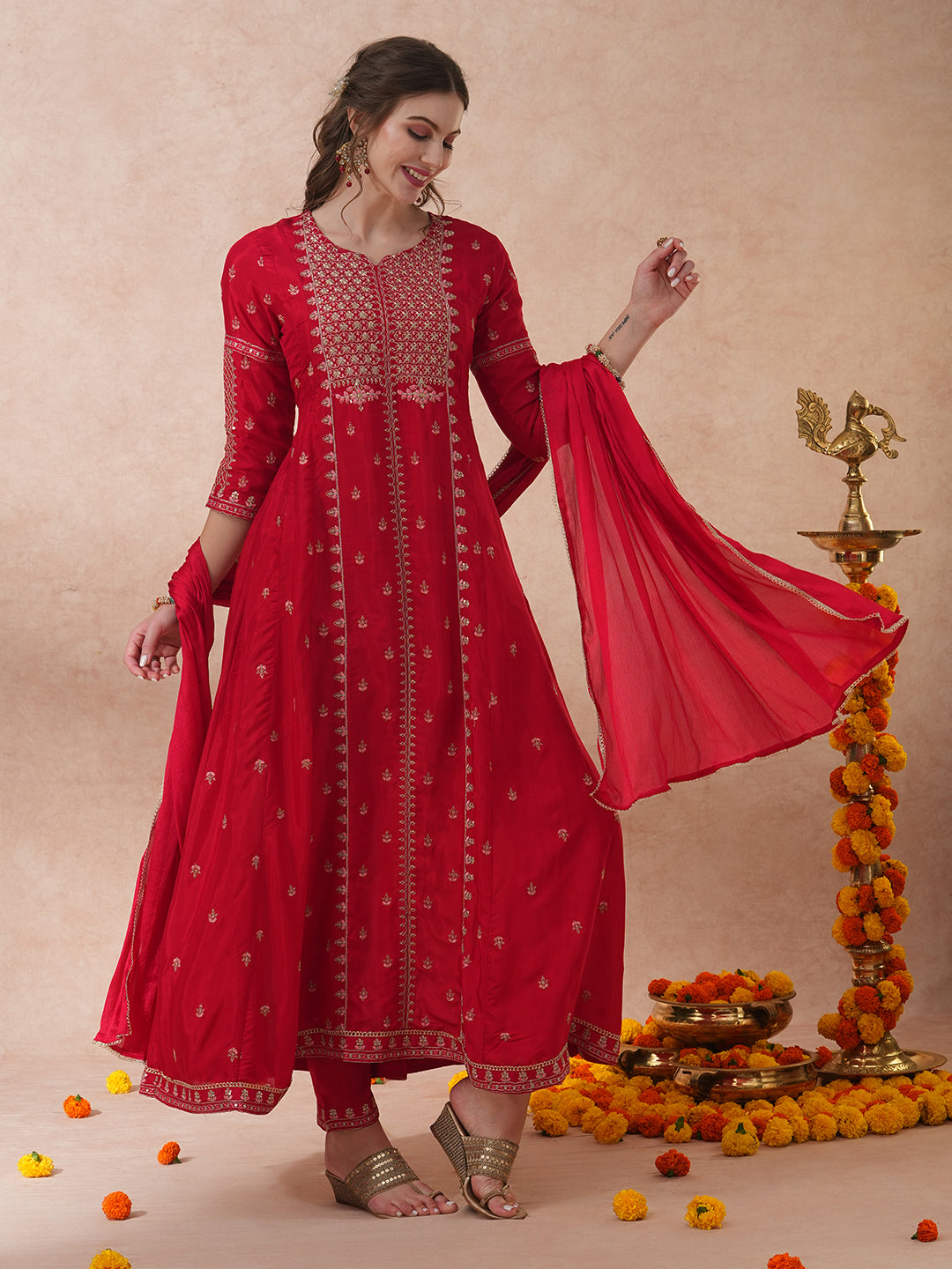 Solid Ethnic Embroidered Anarkali Flared Kurta with Pant & Dupatta - Red