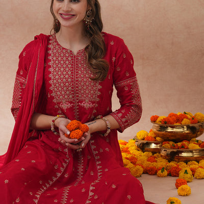 Solid Ethnic Embroidered Anarkali Flared Kurta with Pant & Dupatta - Red