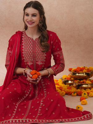 Solid Ethnic Embroidered Anarkali Flared Kurta with Pant & Dupatta - Red