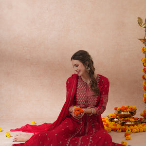 Solid Ethnic Embroidered Anarkali Flared Kurta with Pant & Dupatta - Red