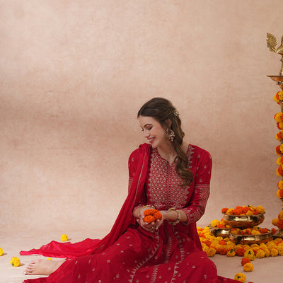 Solid Ethnic Embroidered Anarkali Flared Kurta with Pant & Dupatta - Red