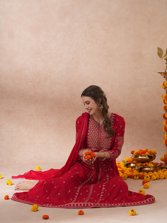 Solid Ethnic Embroidered Anarkali Flared Kurta with Pant & Dupatta - Red