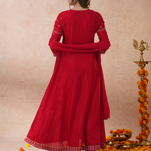 Solid Ethnic Embroidered Anarkali Flared Kurta with Pant & Dupatta - Red