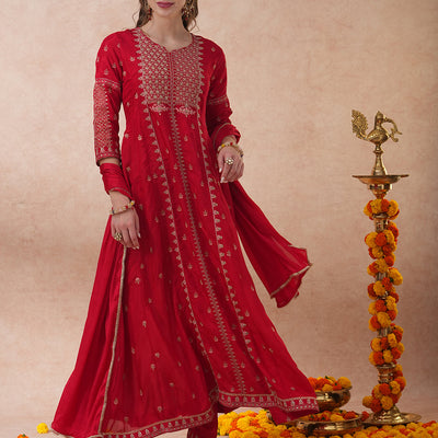 Solid Ethnic Embroidered Anarkali Flared Kurta with Pant & Dupatta - Red