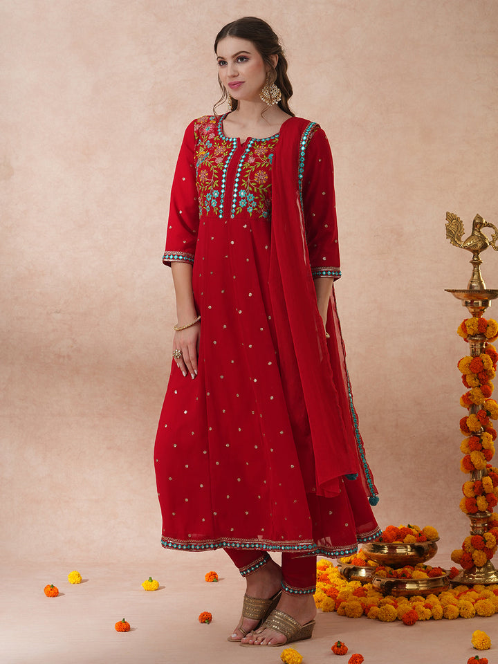 Solid Floral Embroidered Anarkali Flared Kurta with Pant & Dupatta - Red