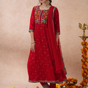 Solid Floral Embroidered Anarkali Flared Kurta with Pant & Dupatta - Red