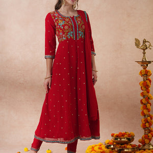 Solid Floral Embroidered Anarkali Flared Kurta with Pant & Dupatta - Red