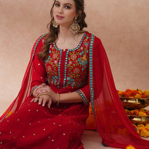 Solid Floral Embroidered Anarkali Flared Kurta with Pant & Dupatta - Red