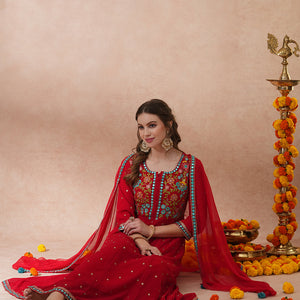 Solid Floral Embroidered Anarkali Flared Kurta with Pant & Dupatta - Red