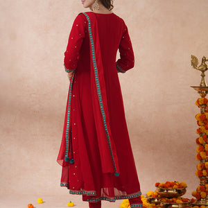 Solid Floral Embroidered Anarkali Flared Kurta with Pant & Dupatta - Red