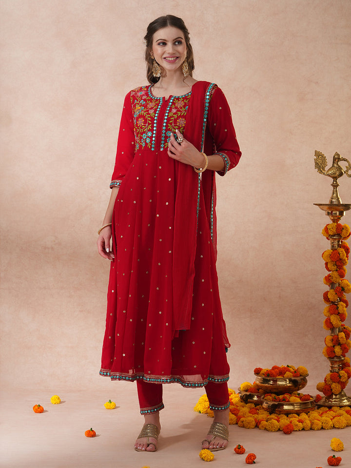 Solid Floral Embroidered Anarkali Flared Kurta with Pant & Dupatta - Red