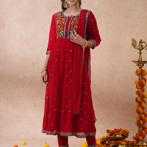Solid Floral Embroidered Anarkali Flared Kurta with Pant & Dupatta - Red