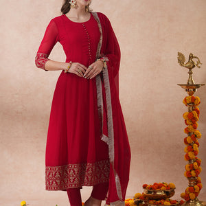Solid Ethnic Zari Embroidered Anarkali Flared Kurta with Pant & Dupatta - Red