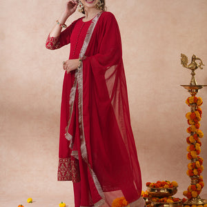 Solid Ethnic Zari Embroidered Anarkali Flared Kurta with Pant & Dupatta - Red