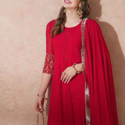 Solid Ethnic Zari Embroidered Anarkali Flared Kurta with Pant & Dupatta - Red