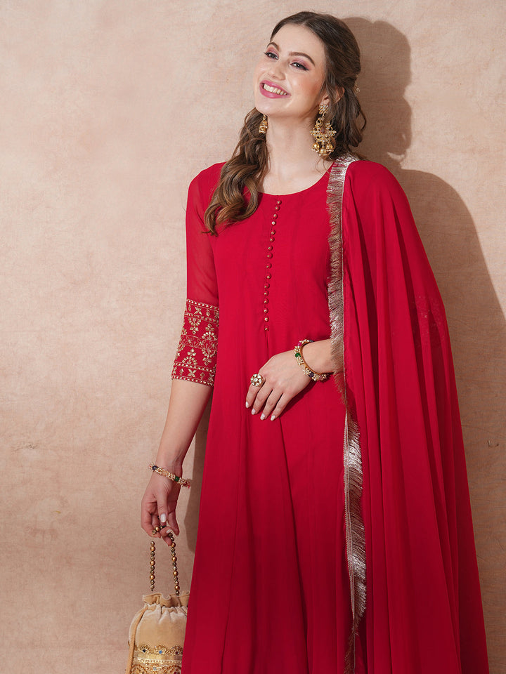 Solid Ethnic Zari Embroidered Anarkali Flared Kurta with Pant & Dupatta - Red