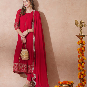 Solid Ethnic Zari Embroidered Anarkali Flared Kurta with Pant & Dupatta - Red
