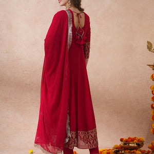 Solid Ethnic Zari Embroidered Anarkali Flared Kurta with Pant & Dupatta - Red