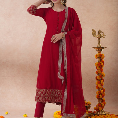Solid Ethnic Zari Embroidered Anarkali Flared Kurta with Pant & Dupatta - Red