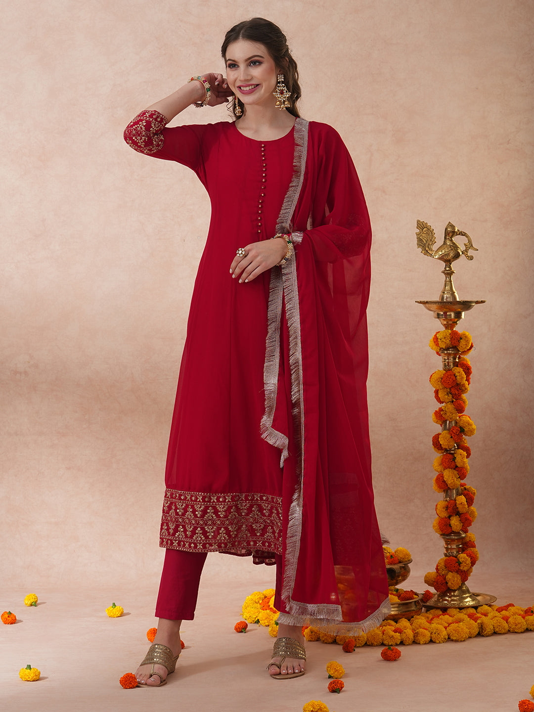 Solid Ethnic Zari Embroidered Anarkali Flared Kurta with Pant & Dupatta - Red