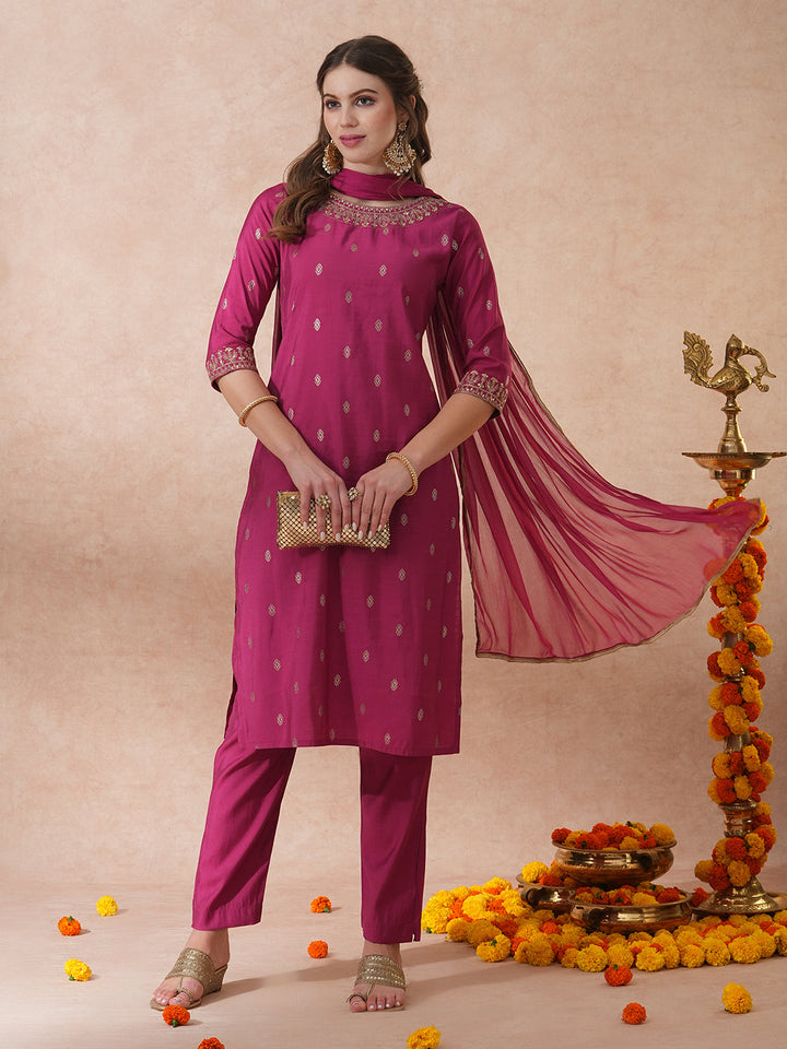 Solid Ethnic Embroidered Straight Fit Kurta with Pant & Dupatta - Mauve