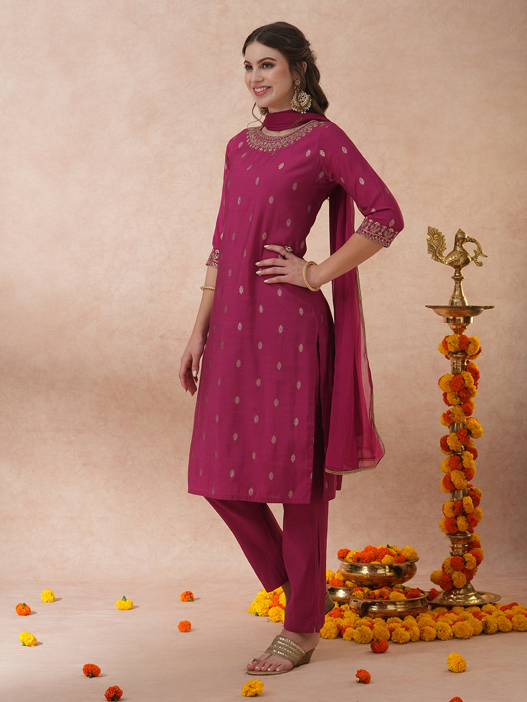 Solid Ethnic Embroidered Straight Fit Kurta with Pant & Dupatta - Mauve