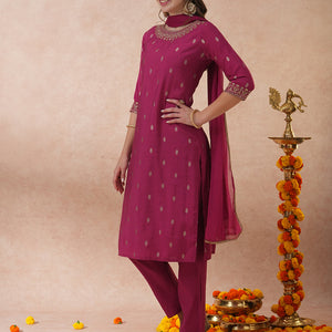 Solid Ethnic Embroidered Straight Fit Kurta with Pant & Dupatta - Mauve