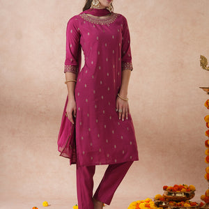 Solid Ethnic Embroidered Straight Fit Kurta with Pant & Dupatta - Mauve