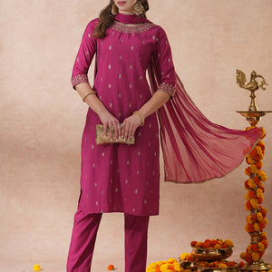 Solid Ethnic Embroidered Straight Fit Kurta with Pant & Dupatta - Mauve