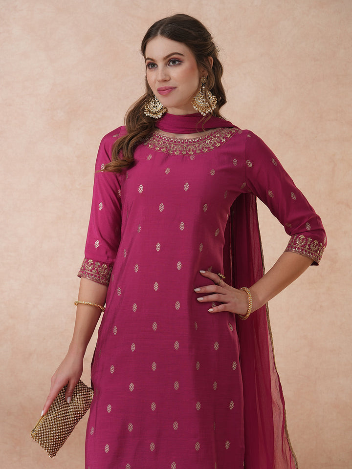 Solid Ethnic Embroidered Straight Fit Kurta with Pant & Dupatta - Mauve