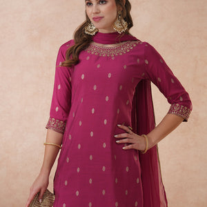 Solid Ethnic Embroidered Straight Fit Kurta with Pant & Dupatta - Mauve