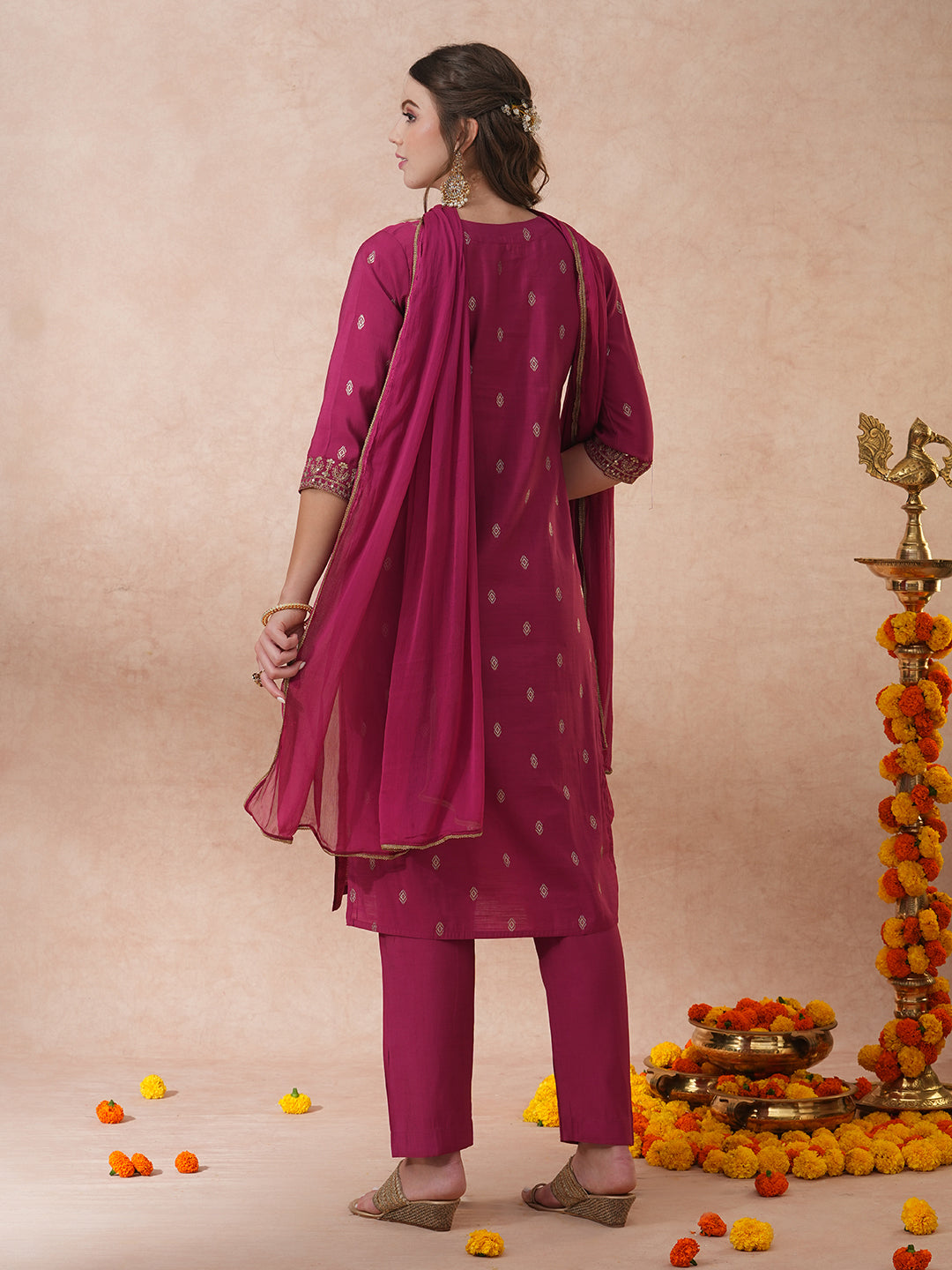 Solid Ethnic Embroidered Straight Fit Kurta with Pant & Dupatta - Mauve